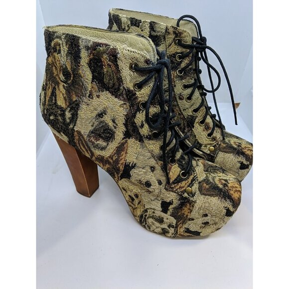 Jeffrey Campbell Lita Fab Platform Tapestry Dog Ankle Boots Lace Up Size 9 - Picture 2 of 9